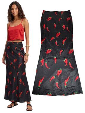 Edikted Whimsical Print Satin Maxi Skirt Sz XS Chilli Peppers Fairy Grunge Y2K